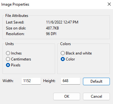 Screenshot of how to change image dimensions in Image Properties of Microsoft Paint