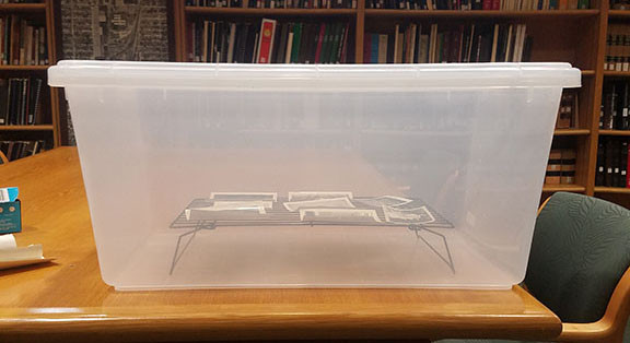 Side view of closed tub with rack and uncurled pictures inside