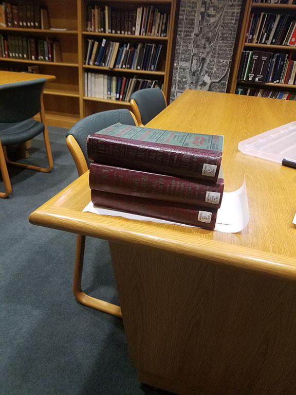 Three heavy books stacked on top of sheets of freezer paper and pictures