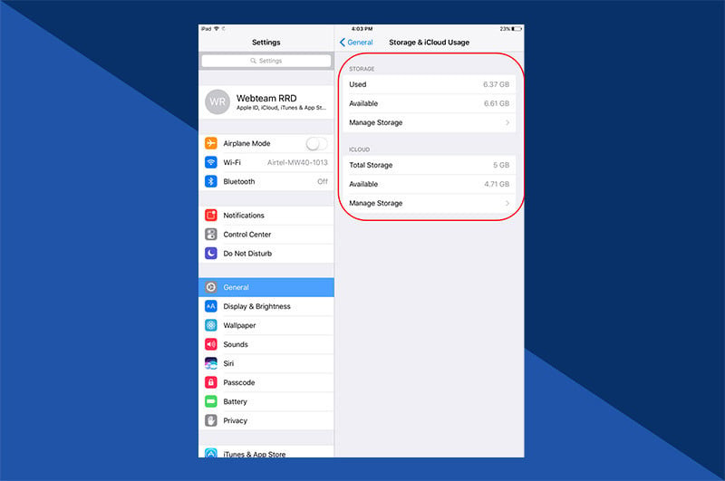 Tapping Manage Storage to view detailed iCloud storage usage