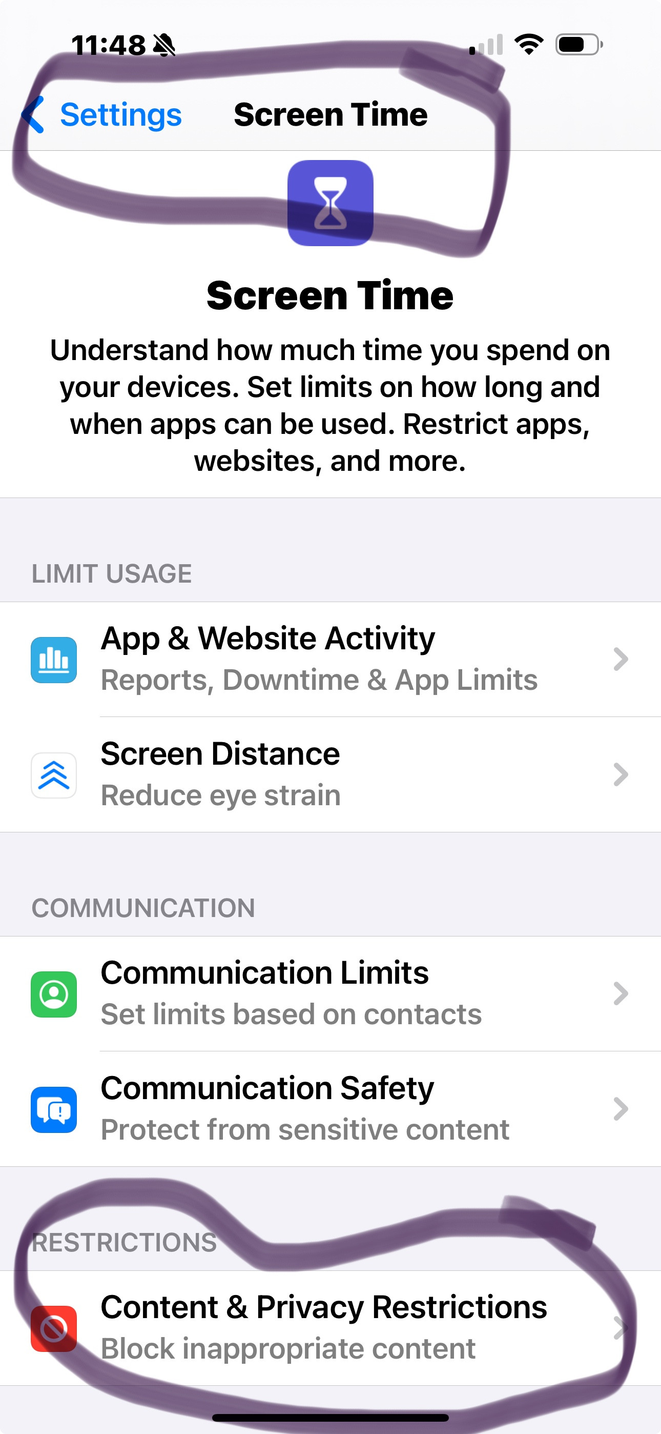 Screen Time Settings on iPhone