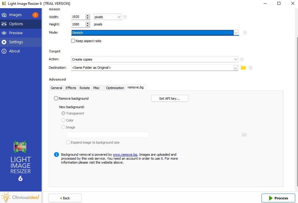 Screenshot of Light Image Resizer settings