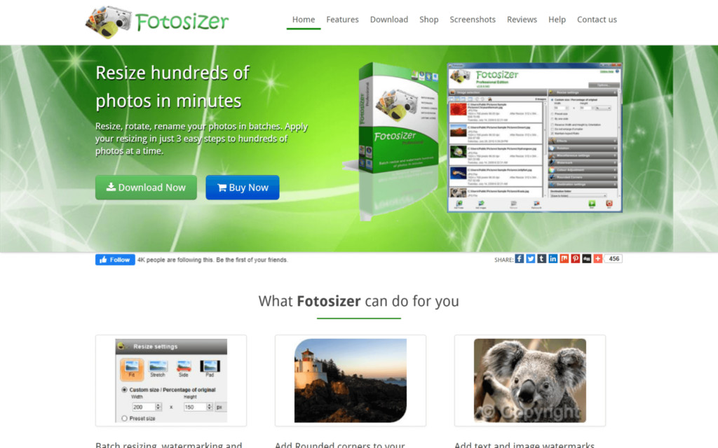 Screenshot of the Fotosizer homepage