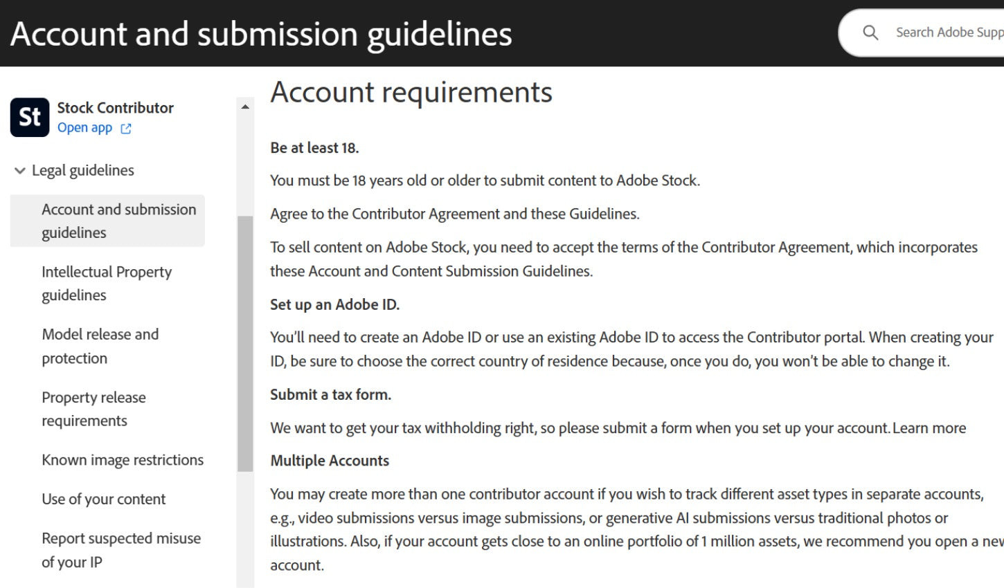 Account requirments on Adobe Stock.