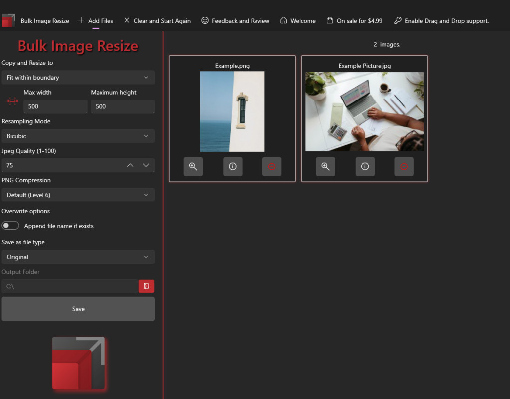 Screenshot of the Bulk Image Resize app interface