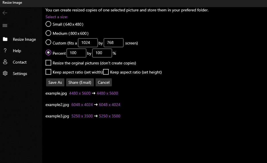 Screenshot of the Resize Image Windows Store app interface