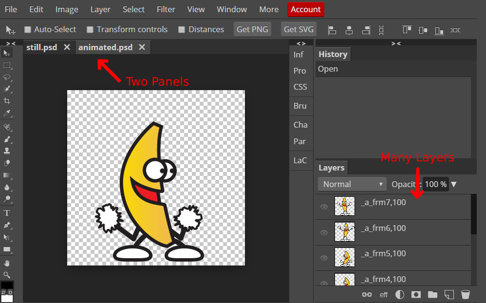 Photopea interface showing the open and duplicate layers options