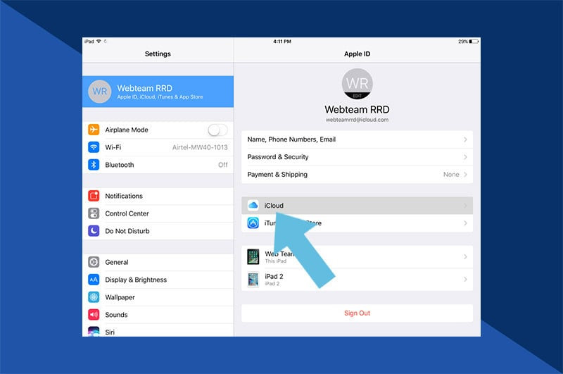 Selecting iCloud within the Apple ID settings to view iCloud services and storage