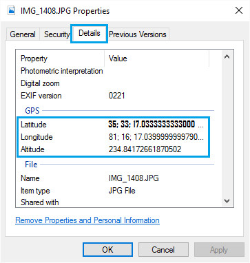 Latitude and Longitude extracted from image properties