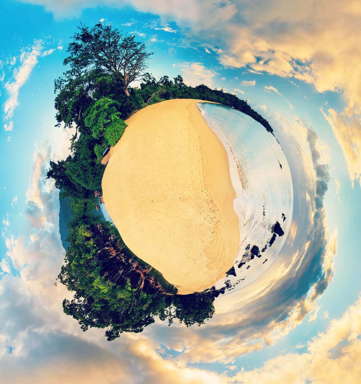 Panoramic image with a person cloned multiple times, creating a whimsical and surreal effect