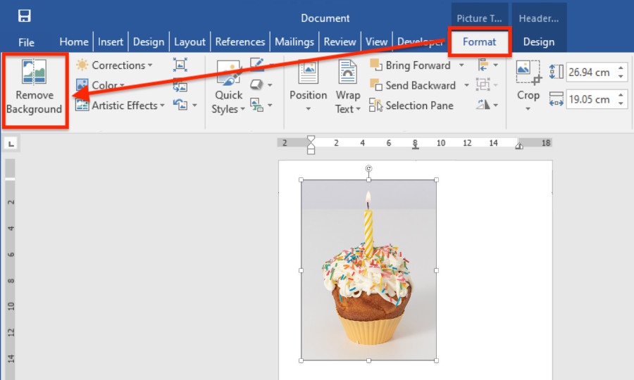 Selecting the Format tab and choosing Remove Background in older versions of Word
