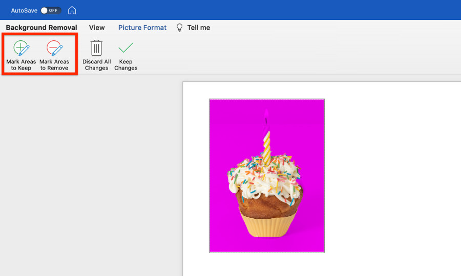 Adjusting the selection to remove the background in Word using &quot;Mark Areas to Keep&quot; and &quot;Mark Areas to Remove&quot; options