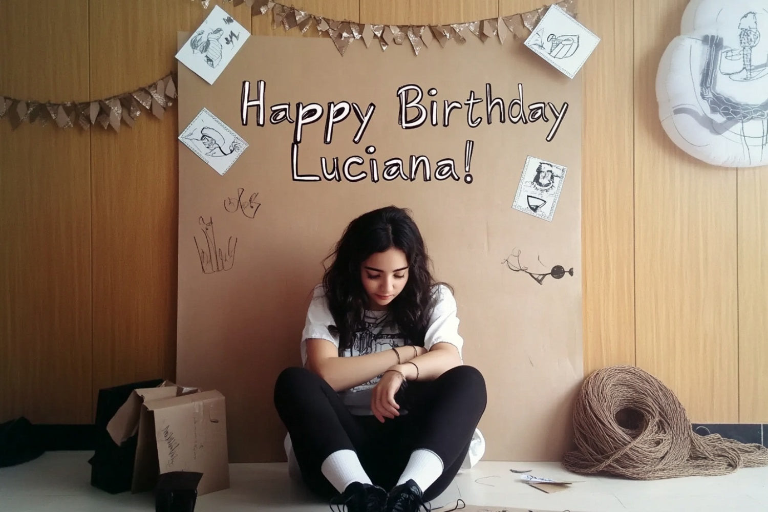 A girl sits in front of the DIY Birthday Backdrop.