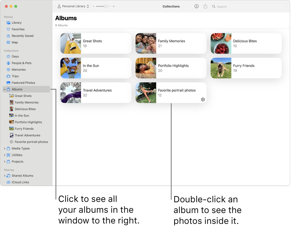 Photos window with Albums selected in the sidebar, and albums shown on the right.