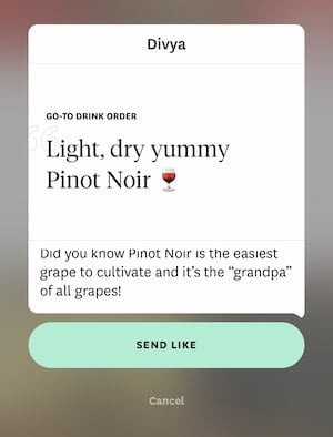 Wine photo comment example: User holding a glass of wine with a question about favorite type