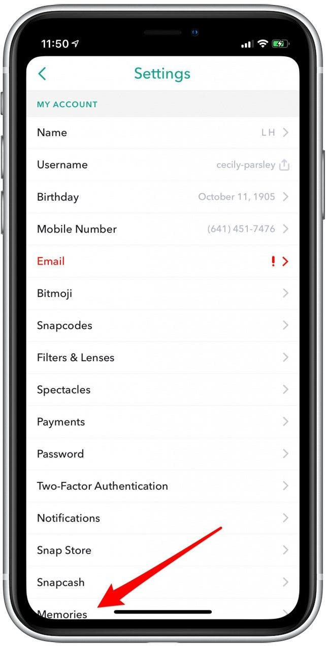 Memories option in Snapchat settings