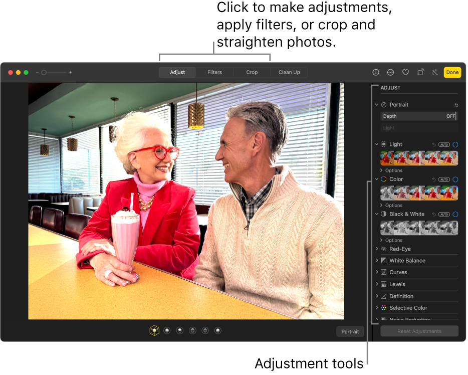 Photos editing view on Mac with adjustment tools highlighted