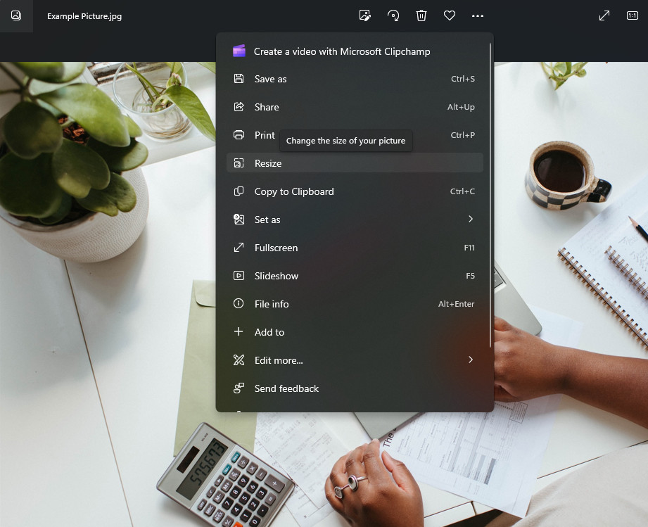 Screenshot of how to access the resize function in Microsoft Photos