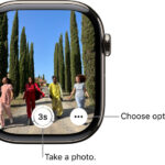 Apple Watch displaying the iPhone camera view with shutter button and options.