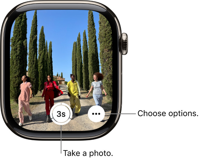 Apple Watch displaying the iPhone camera view with shutter button and options.