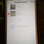 iPhone screen displaying the Shared Albums section in the Photos app, with an album selected and the delete option highlighted, illustrating how to delete a shared album