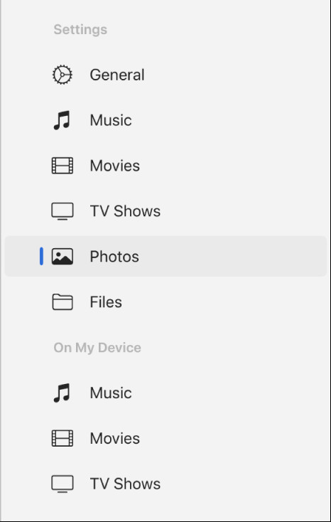 Apple Devices app interface with Photos selected in the sidebar, showing sync options for transferring images from a computer to an Apple device.