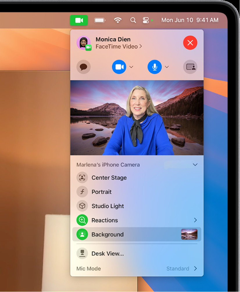 A person using a background during a FaceTime call, showcasing video effects and customization options for enhanced communication and visual appeal.