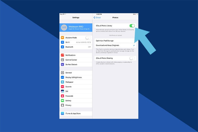 Enabling iCloud Photos by toggling the switch to green, ensuring automatic backup and syncing of photos and videos