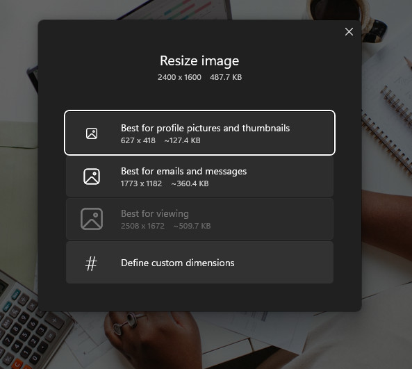 Screenshot of Resize Options in the Photos App