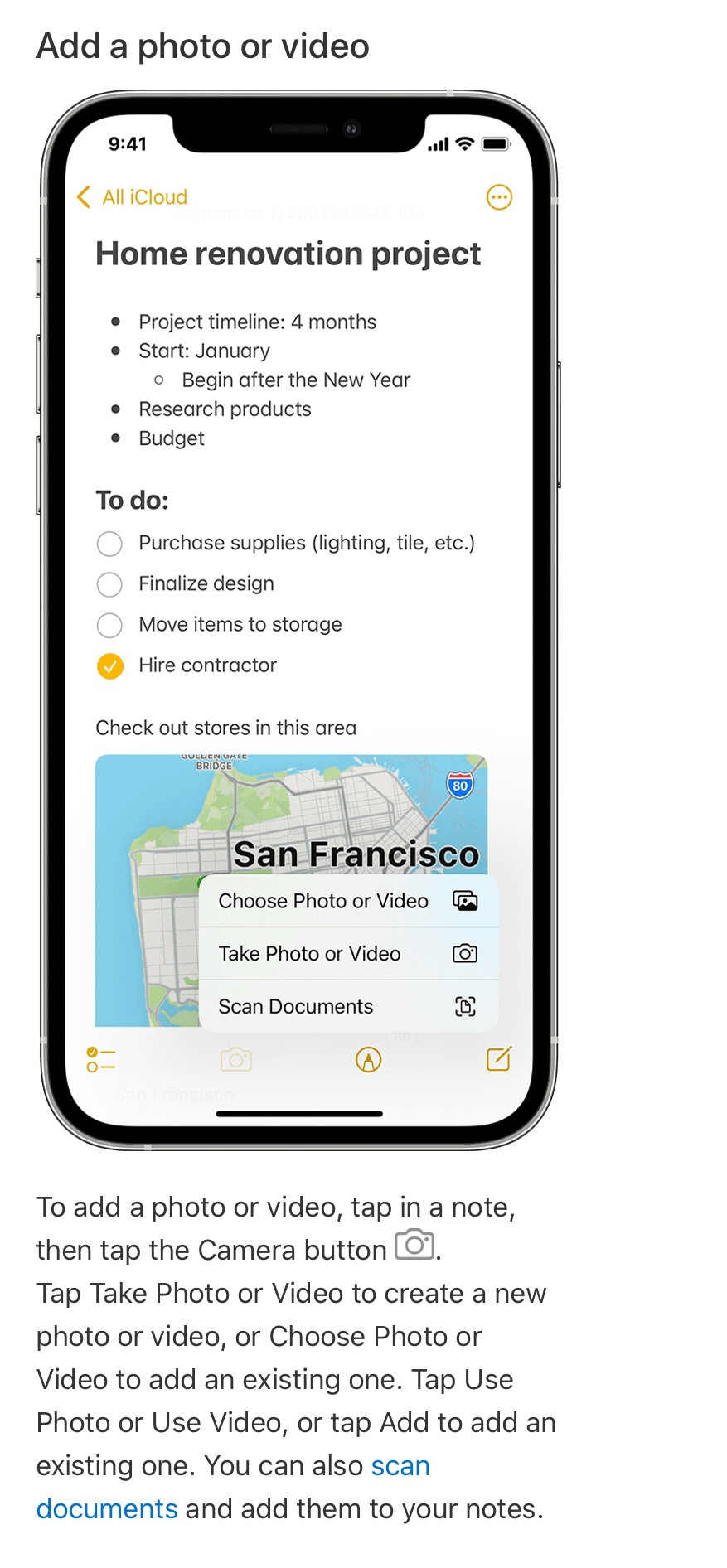 iPhone Notes interface displaying the share icon and copy photo option.