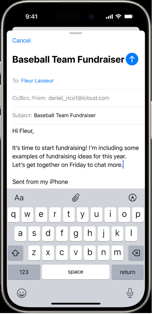 A draft email being composed on an iPhone with the attachment options displayed above the keyboard