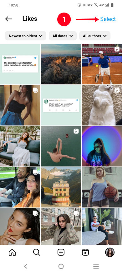 Screenshot of Instagram interface showing how to select multiple posts to unlike