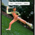 Screenshot of iPhone Photos app with a photo selected, highlighting the 'Add Sticker' option.