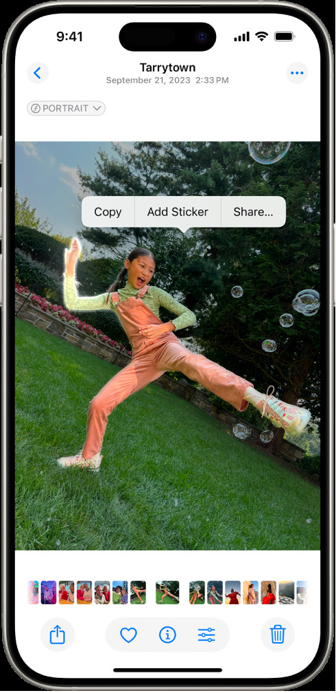 Screenshot of iPhone Photos app with a photo selected, highlighting the 'Add Sticker' option.
