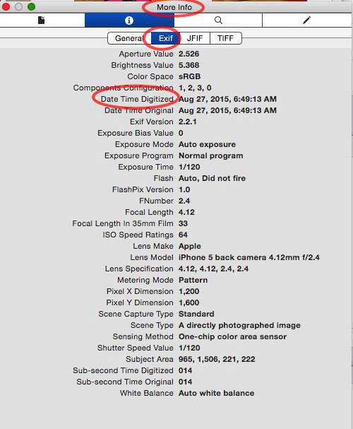 Preview image with EXIF metadata displayed in the Inspector window on macOS
