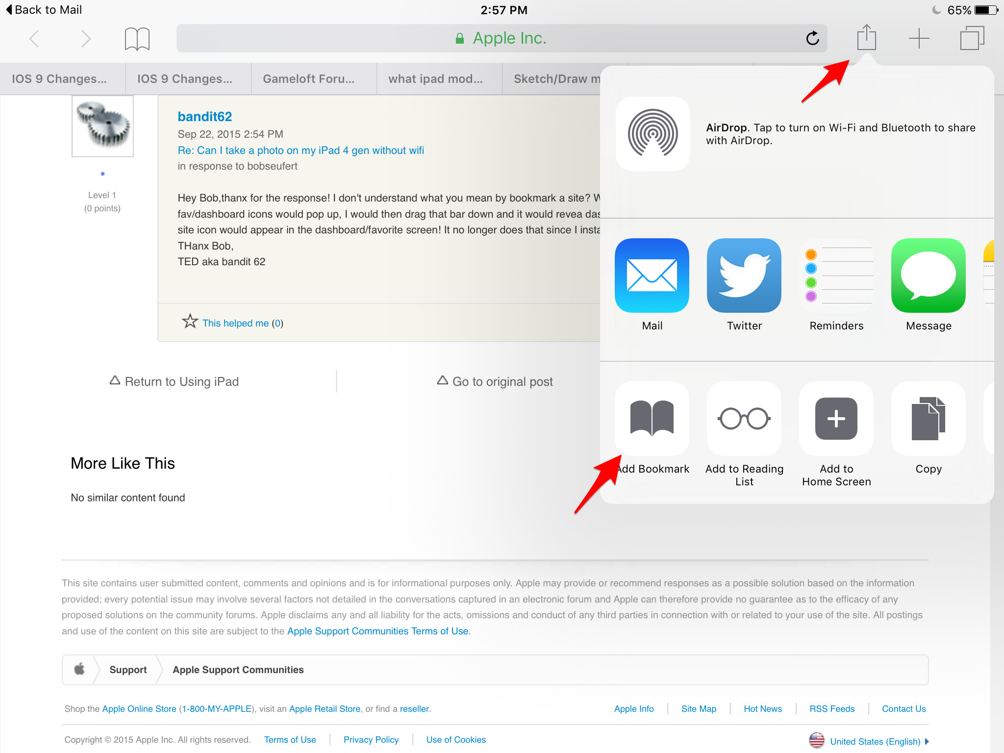 iPad Share Sheet for adding a bookmark