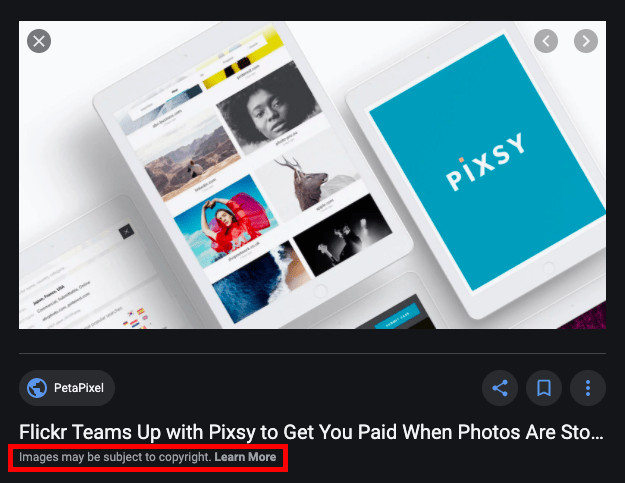 Google’s copyright alert in an image search.
