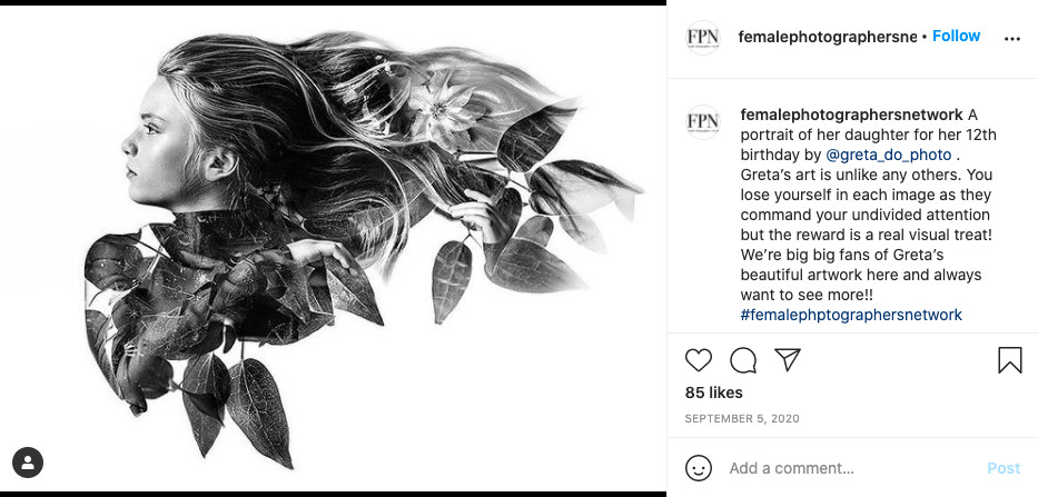 Greta Do, a photographer, is tagged in an Instagram post by The Female Photographers Network.