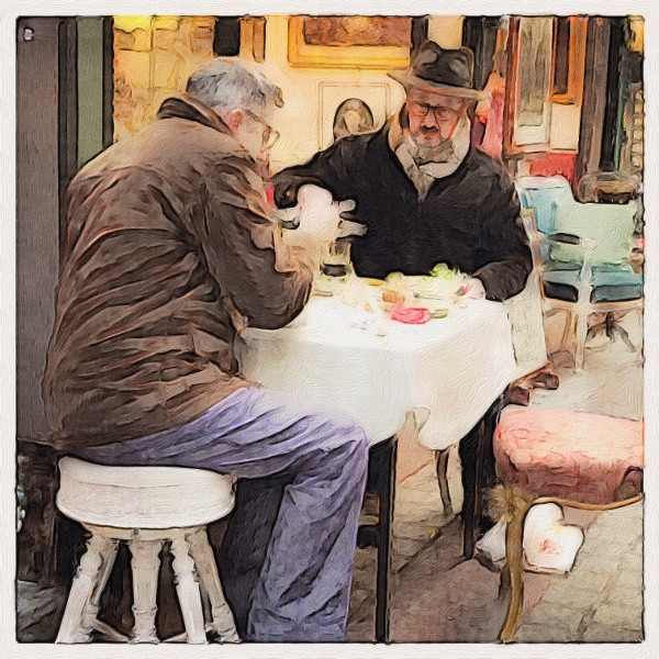 French men having lunch transformed with a painterly app