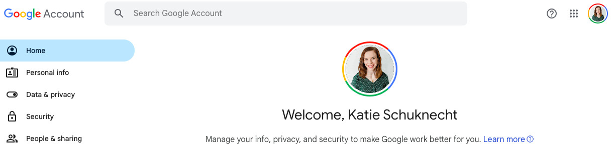 Personal info section in Google Account settings, allowing users to update personal details