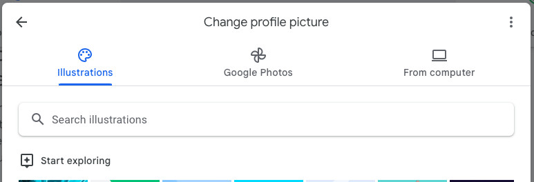 Options for selecting a new profile picture, including Google illustrations and personal uploads