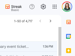Gmail interface showing the location of the profile picture in the top right corner