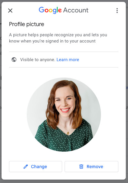Profile picture interface with options to upload, change, or remove the existing photo