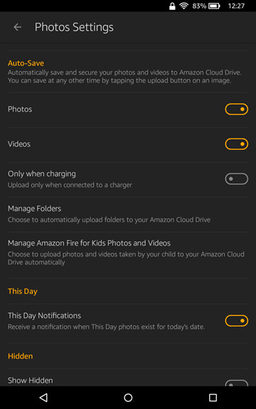Photos Settings screen on Fire tablet