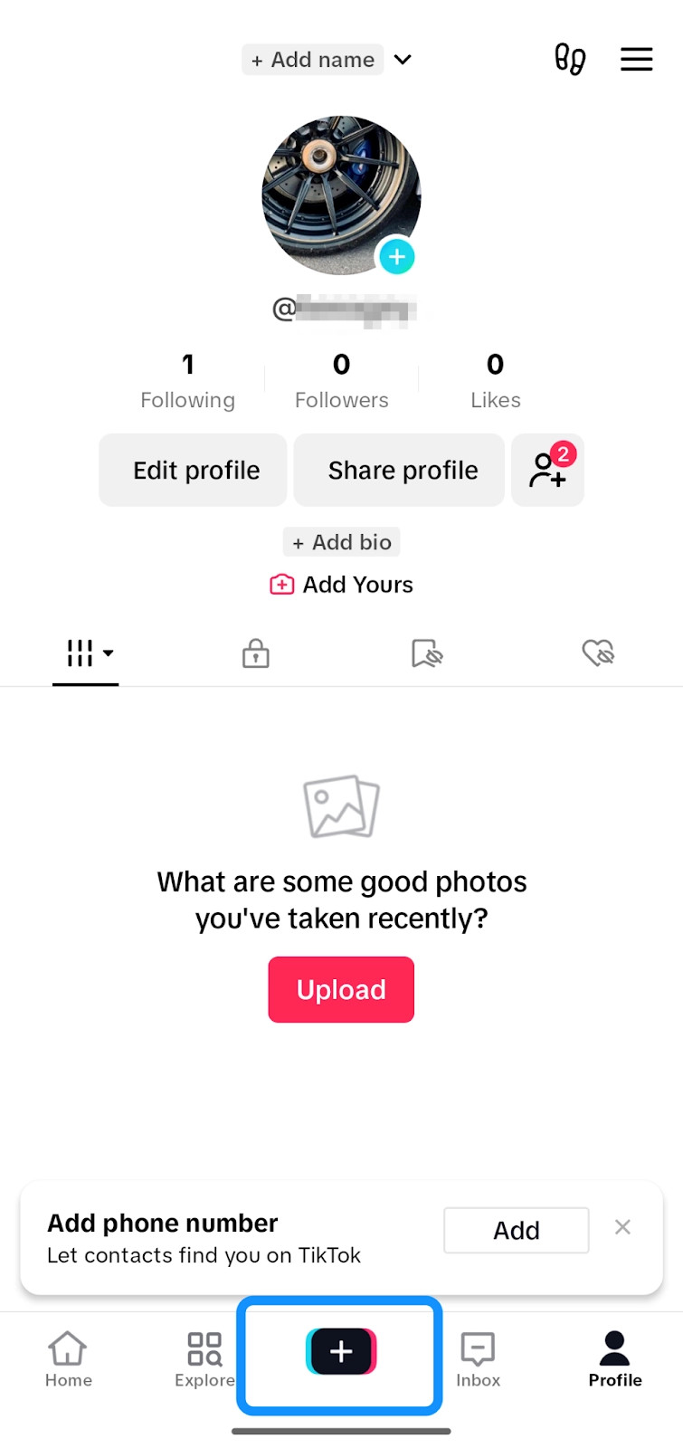 Tapping the + button in TikTok app showcases how to initiate the slideshow creation process within the app.
