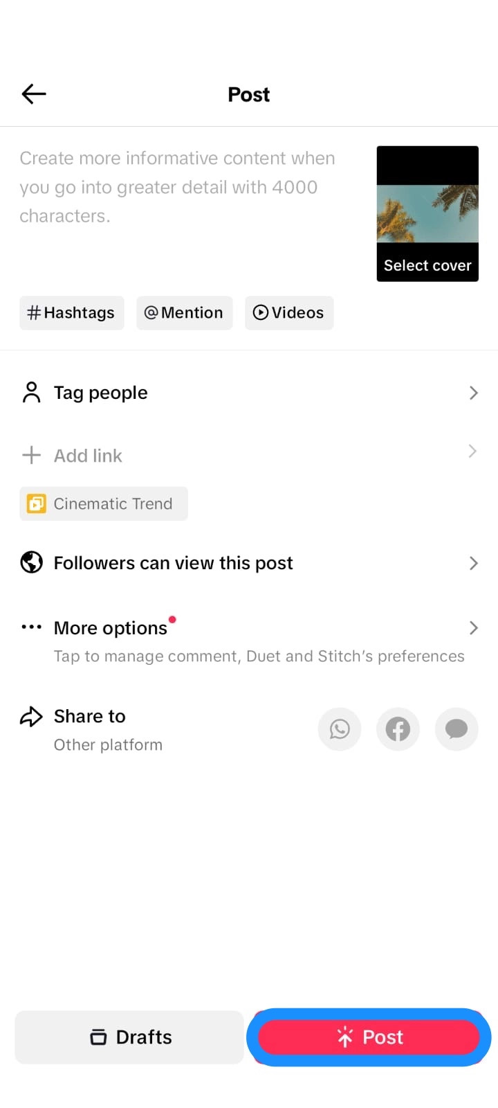 Image of user’s last screen before posting a TikTok slideshow video shows the final steps to publish a photo slideshow on TikTok.
