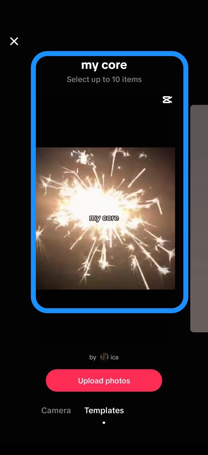 Selecting the Templates option in TikTok shows the user interface for choosing a pre-designed slideshow layout.