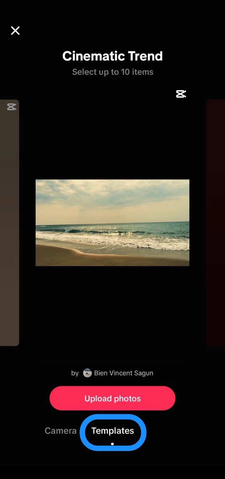 Selecting the Templates option in TikTok shows the user interface for choosing a pre-designed slideshow layout.