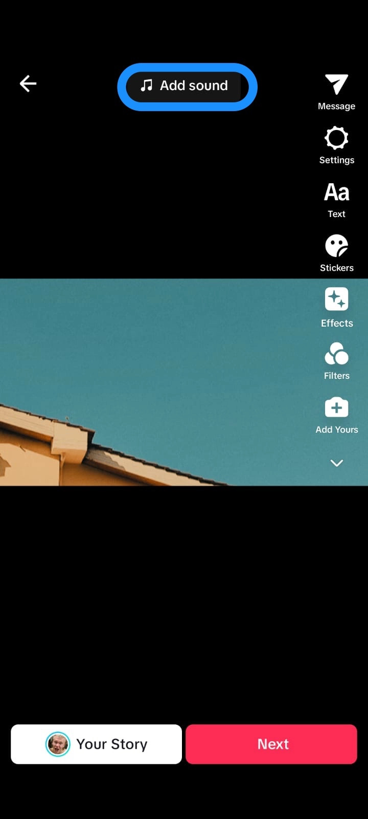 TikTok slideshow screen with Add Sound button highlighted shows where to add background music to your photo slideshow.