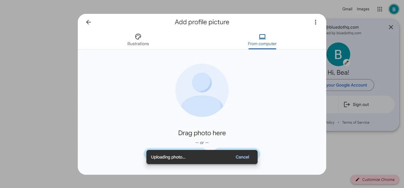 Select and open photo to upload Google profile photo from PC